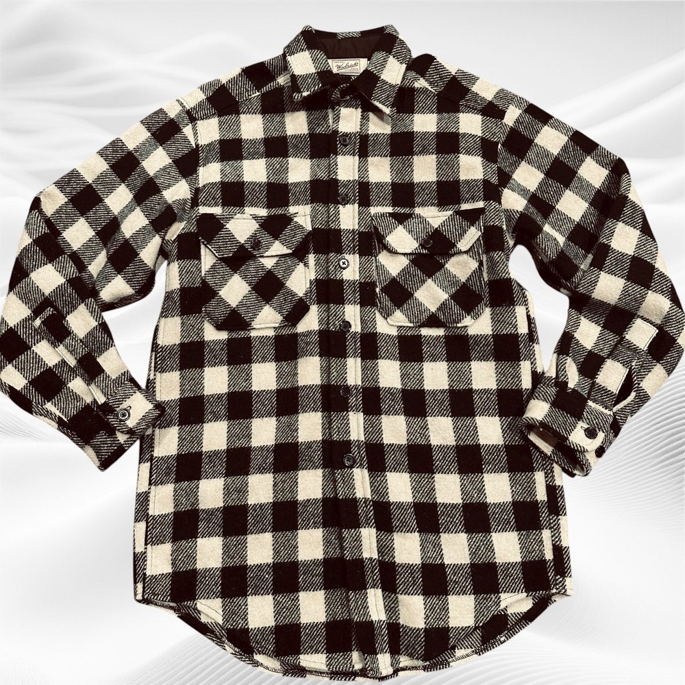 Vintage Woolrich Buffalo Plaid Black Cream Wool Blend Shirt USA Sz Sm Gorpcore